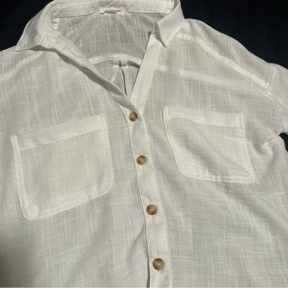 White Linen Cropped Button Shirt